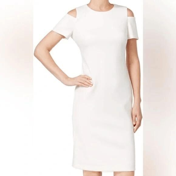 CALVIN KLEIN Women's Cold-Shoulder White Scuba Sheath Dress SIZE 6 - Picture 15 of 16